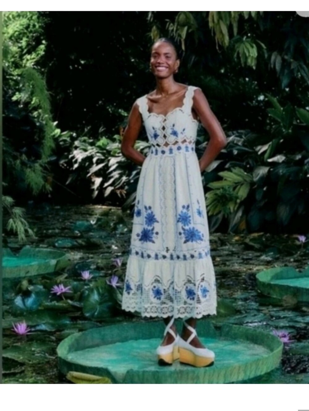 FARM Rio White Maxi Dress with Blue Floral Embroidery and Cutout Bodice